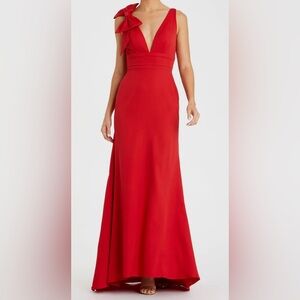 Mac Duggal Red V-Neck One-Shoulder Gown with Bow